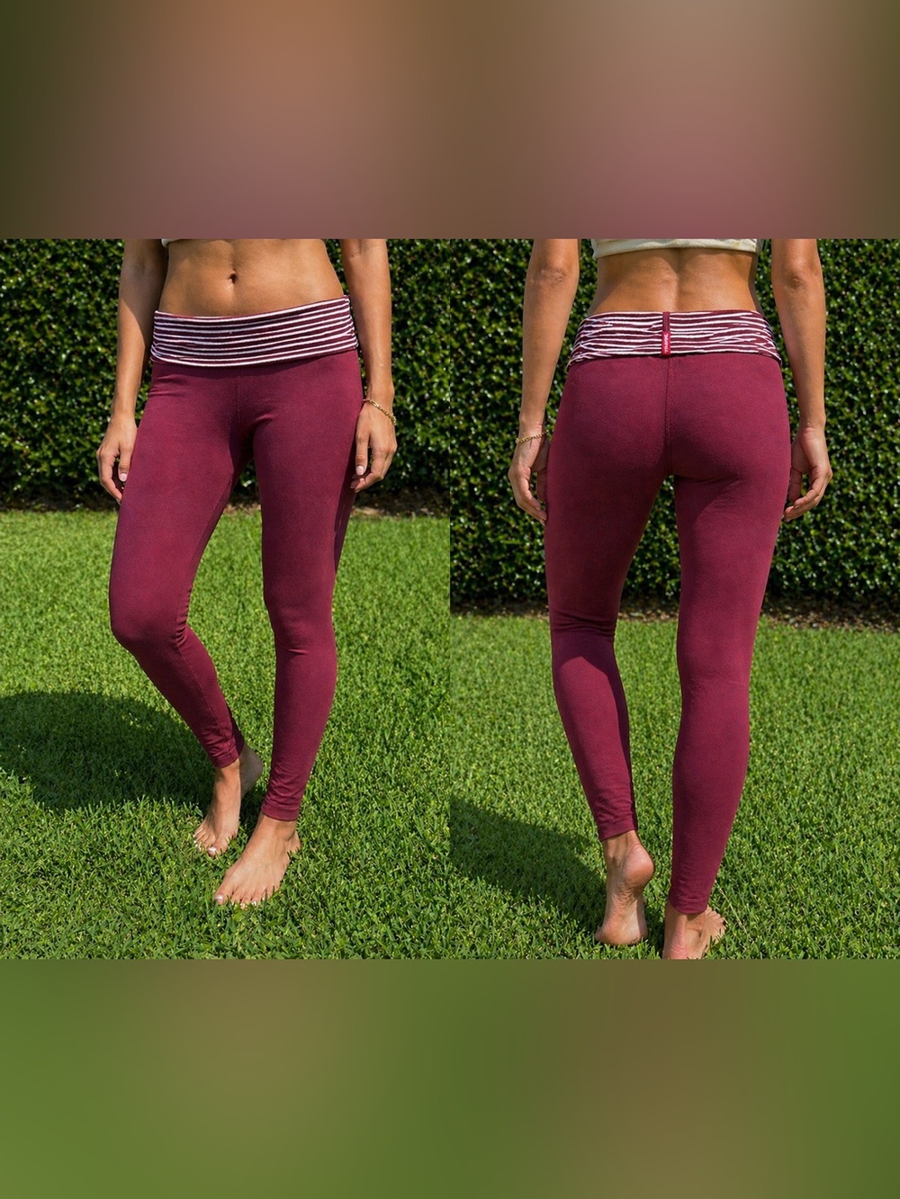 Vintage Hard Tail Forever Fold Over Yoga Leggings Burgundy Stripe Waist Size S M